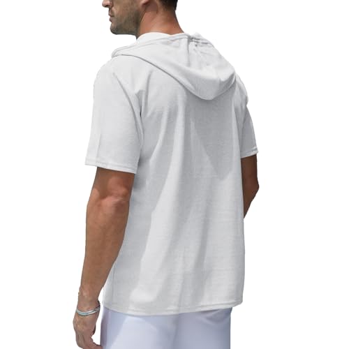 Muscle Killer Men's Henley Short Sleeve Casual Basic Hooded Tee Summer Button Henley Waffle T Shirt Hoodie White