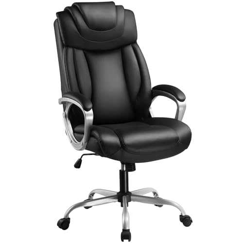 COMHOMA Executive Office Chair, Comfy Desk Chair with Back Support Bonded Leather Computer Gaming Chair with Wheels and Headrest, Height Adjustable Tilt Swivel Rolling Reclining Seat, Black