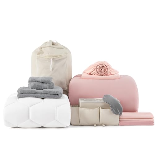 Bedsure Twin XL Comforter Set for College - 14 PCS Pink Dorm Bed Set, Bed in a Bag with Comforter, College Linens, Pillowcase & Sham, Towel, Mattress Protector, Bedside Caddy, Laundry Bag and Eye Mask