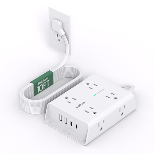 10FT Flat Plug Surge Protector Power Strip with USB