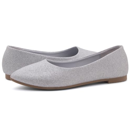 Shoe Land Womens SL-Kathleen Ballet Flats Pointed Toe Flat Shoes Classic Ballerina Comfort Dressy Shoes for Daily Work Office, SilverShimmer, Size 8.0