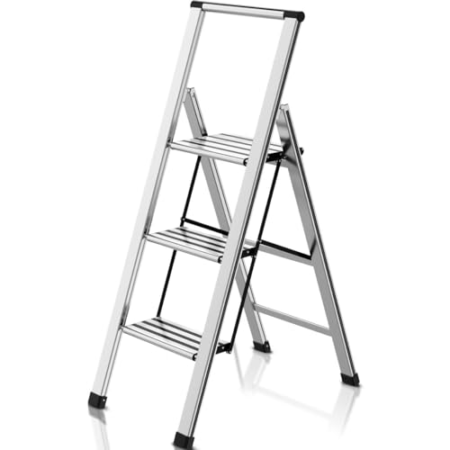 Step Ladder 3 Step Folding Aluminum Small Step Stool with Handle for Kitchen Closet, 4Ft Foldable Steping Stool for Adults Seniors, Wide Anti Slip Pedal, 300lbs Lightweight Portable Ladders for Home