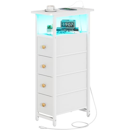 Slim LED Nightstand with Charging Station and Drawers