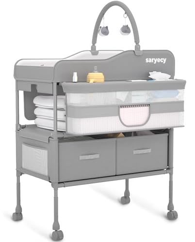 Folding Baby Changing Table with Drawers, Adjustable Height