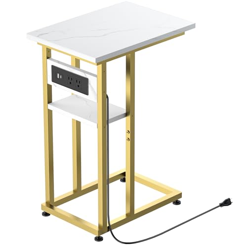 Side Table with Charging Station, USB-C, Outlets, C-Shape