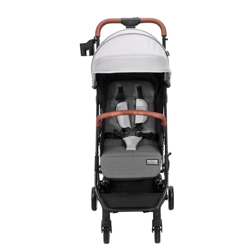 VEVOR Standard Baby Infant Stroller, Toddler Stroller with 95°-150° Adjustable Backrest & & 0/90°Adjustable Footrest & One-Click Folding, Newborn Stroller with Cup Holder and Carry Bag, Light Grey