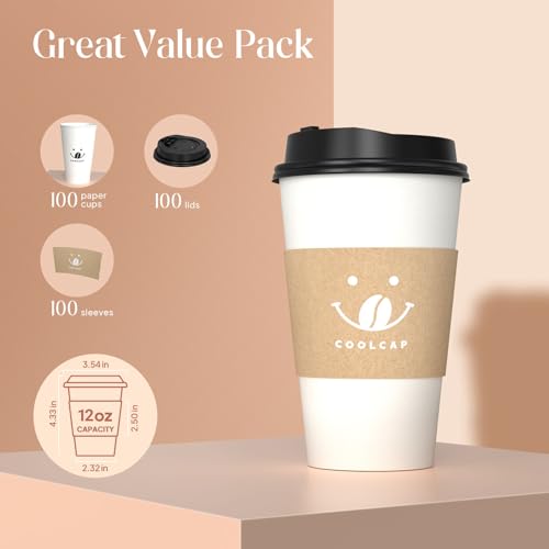 100 Pack 12 oz Disposable Coffee Cups with Lids and Sleeves, To Go Coffee Cups with Lids, Paper Hot Coffee Cups for Hot & Cold Beverage (White, 12 OZ)