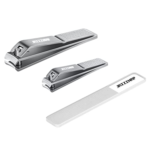 Nail Clippers Set, Ultra Sharp Curved Blade Edge Fingernail Clipper Toenail Clipper and Nail File with Tin Box by JAZZZNAP, Silver