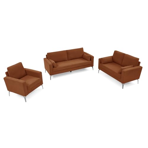 FANYE 3 Pieces Living Room Sofa Sets Include Armchair,Loveseat and 3Seaters Couch,Corduroy Upholstered Tufted Sofa&Couch with 4 Pillows and Metal Legs for Home Office Apartment