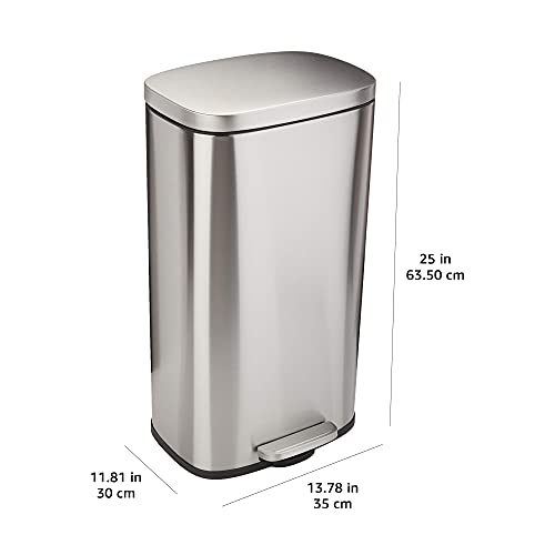 Amazon Basics Smudge Resistant Rectangular Trash Can With Soft-Close Foot Pedal, Brushed Stainless Steel, 30 litre/7.9 Gallon, Satin Nickel Finish, 13.8"L x 11.8"W x 25"H