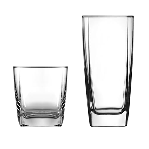 Anchor Hocking Rio Drinking Glasses Set, 16 Piece Set (8 Rocks Glasses & 8 Tumbler Glasses)