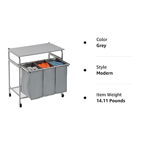 ALIMORDEN Laundry Sorter with Sturdy Ironing Board and Folding Table Top Lid, Laundry Hamper Organizer with 4 Wheels for Laundry Room Grey