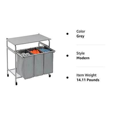 ALIMORDEN Laundry Sorter with Sturdy Ironing Board and Folding Table Top Lid, Laundry Hamper Organizer with 4 Wheels for Laundry Room Grey