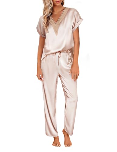 Silk Satin Pajama Set Long Pants Short Sleeve