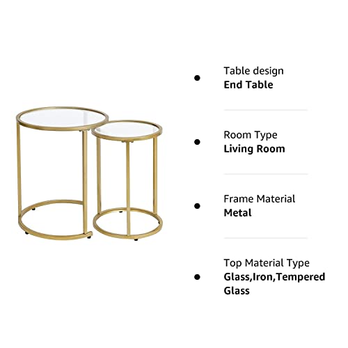 RiteSune Gold Glass Nesting Side End Tables Set of 2, Round Small Stacking Drink Coffee Table for Small Space, Living Room, Bedroom, Christmas, New Year