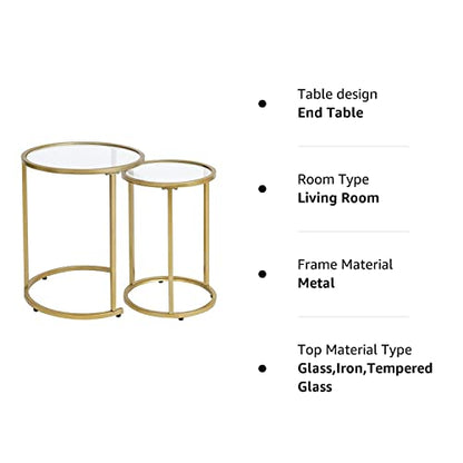 RiteSune Gold Glass Nesting Side End Tables Set of 2, Round Small Stacking Drink Coffee Table for Small Space, Living Room, Bedroom, Christmas, New Year