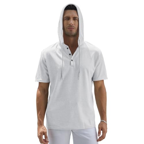 Muscle Killer Men's Henley Short Sleeve Casual Basic Hooded Tee Summer Button Henley Waffle T Shirt Hoodie White