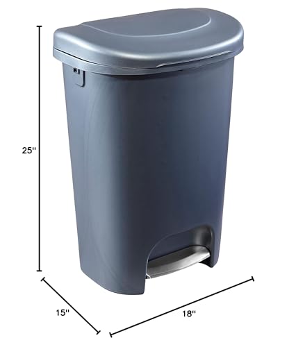 Rubbermaid, Gunmetal Blue Classic 13 Gallon Trash Can with Lid and Stainless-Steel Pedal, Waste Bin for Kitchen, NEW Premium Step-On, No Size