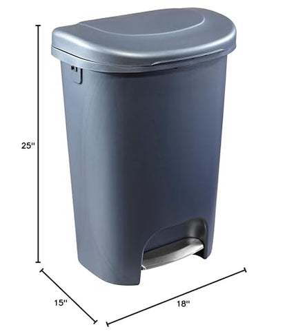 Rubbermaid, Gunmetal Blue Classic 13 Gallon Trash Can with Lid and Stainless-Steel Pedal, Waste Bin for Kitchen, NEW Premium Step-On, No Size