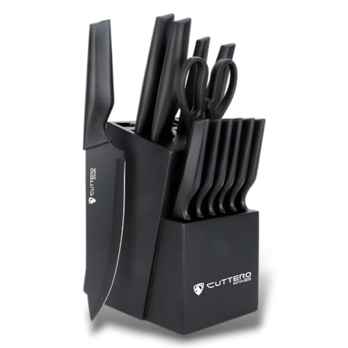 Cuttero Knife Set, Premium 15-Piece Knife Collection with Integrated Sharpening Block, Durable Stainless Steel, Sleek Black Finish, Dishwasher Friendly
