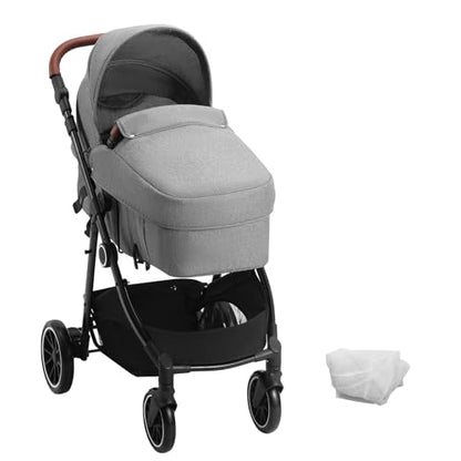 VEVOR Standard Baby Stroller, Infant Toddler Stroller with Bassinet, 3rd-Gear Adjustable Backrest & Foldable & Reversible Seat, Carbon Steel Newborn Stroller with Leg Cover and Mesh Net, Black