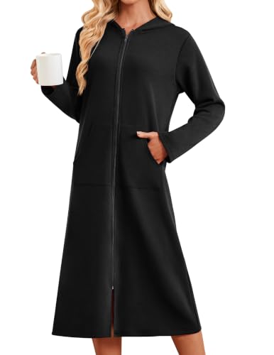 Ekouaer Hooded Zipper Long Fleece Bathrobe
