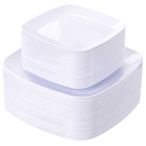 100 Pack Square Disposable Plastic Dinner and Dessert Plates