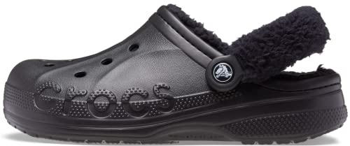 Crocs Unisex-Adult Baya Lined Fuzz Strap Clogs, Black/Black, 11 US