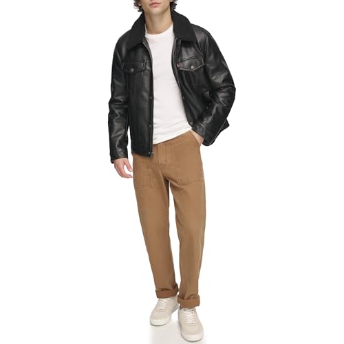 Levi's Men's Faux Leather Classic Trucker Jacket, Black W/Sherpa Collar, M