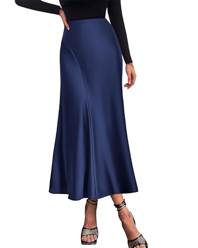 KIRUNDO High Waisted Satin A-Line Maxi Skirt