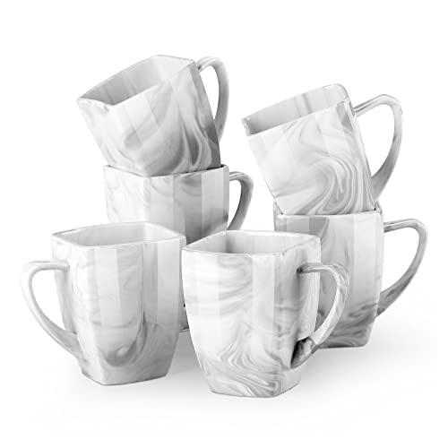MALACASA Coffee Mugs Set, 12 OZ Porcelain Square Mugs Set of 6, Marble Tea Cups Mugs with Handle for Espresso, Cappuccino,Tea and Cocoa, Series BLANCE
