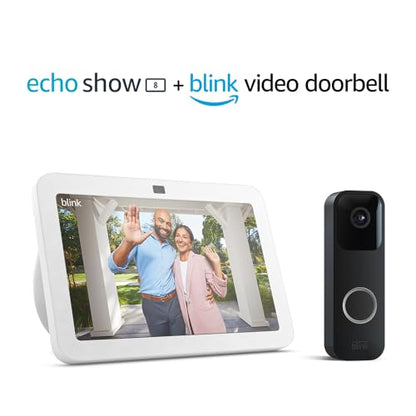 White Echo Show, Black Video Doorbell: Echo Show 8 (3rd Gen, 2023 release | Glacier White) bundle with Blink Video Doorbell (Black)