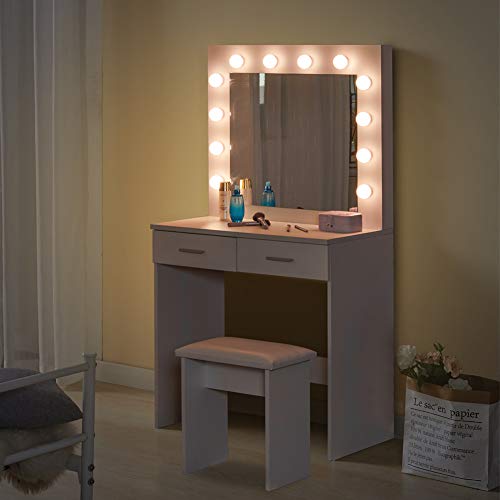 TUKAILAi Vanity Desk Set with Hollywood LED Lights, Mirror, 2 Large Drawers and Stool, Makeup Vanity Table with 3 Color Adjustable LED Lights for Bedroom (White)