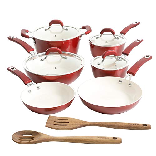 Kenmore Arlington Healthy Nonstick Ceramic Coated Forged Aluminum Induction Cookware, 12-Piece, Metallic Red