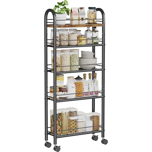 5 Tier Slim Rolling Storage Cart with Wooden Top