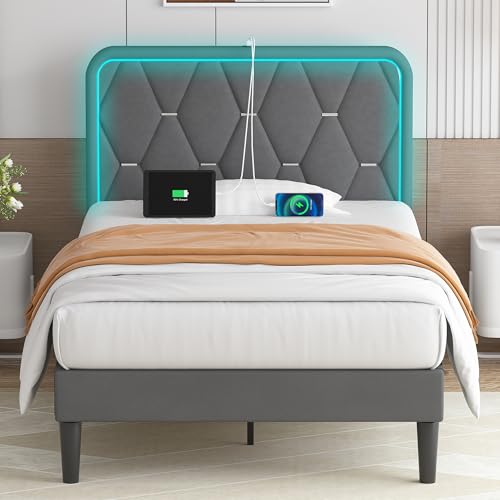 Upholstered Twin Bed Frame with LED and Charging Station