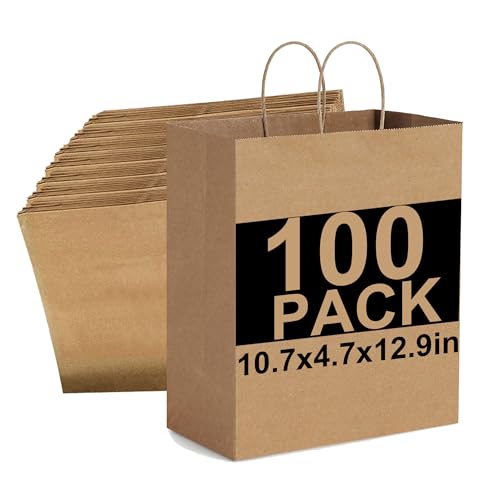 100 Pack Kraft Paper Gift Bags with Handles