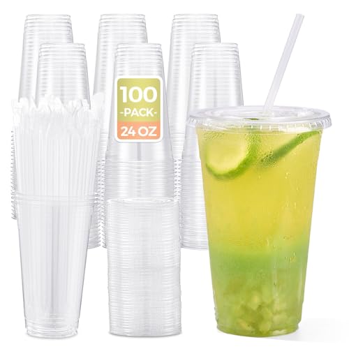 100 Pack Plastic Cups with Lids and Straws 24oz