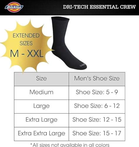 Dickies Men's Dri-Tech Essential Moisture Control Crew Socks, Available in M-XXL (6, Solid Black (12 Pairs), Medium