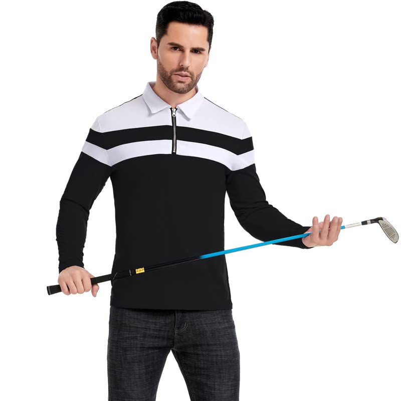 NAVEKULL Men's Long Sleeve Polo Shirts Quarter Zip Pullover Striped 1/4 Zip Collared Shirt Casual Slim Fit Golf Rugby Shirt Contrast Color Patchwork T Shirt Spring Fall Cotton Stretch Tops