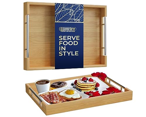 Bamboo Serving Tray with Metal Handles, 16.87x12x2 Inch