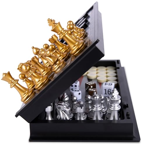 Magnetic 3-in-1 Travel Chess Checkers Backgammon Set