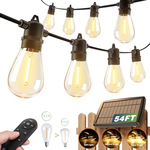 54FT Solar Dimmable Outdoor String Lights with Remote