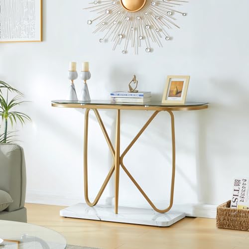 HOMISSUE Console Table, Modern Console Table with Tempered Glass Top and Metal Frame, Glass Entryway Table with Marbled MDF Base, Console Table for Entryway, Hallway, Living Room (Gold&Clear Glass)