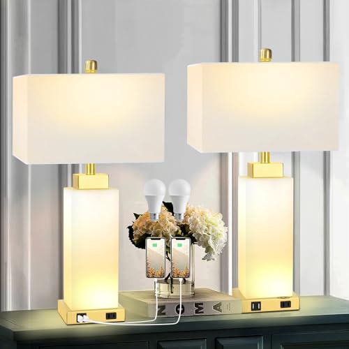2 Pack Dimmable Marble Table Lamps with USB Ports