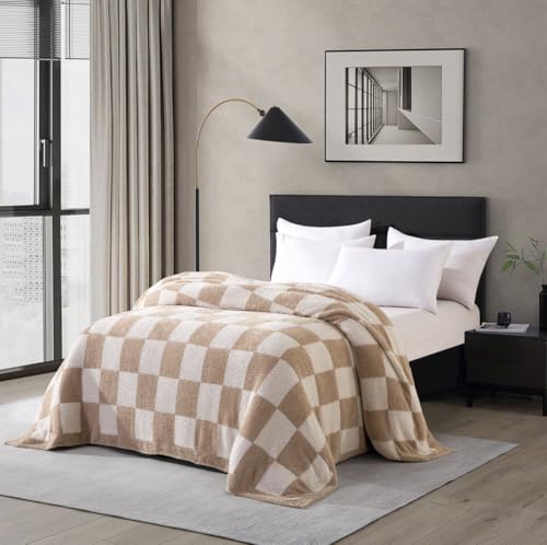 Queen Checkered Plush Knit Bed Blanket