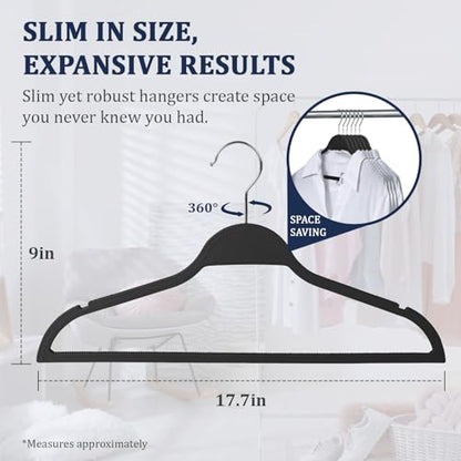 Flysums Heavy Duty Plastic Hangers, 50 Pack Rubber Coating Non Slip Coat Hangers with Shoulder Grooves, Suit Hangers with 360° Swivel Hook, Space Saving Organizer for Bedroom Closet, Black