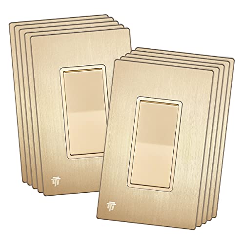 ENERLITES Elite Series Decorator Rocker Light Switch, 15A 120V/277V, Single Pole, Grounding Screw, Residential Grade, UL Listed, Brushed Wall Plates Included, 91150-GDWBP-10PCS, Gold Color (10 Pack)