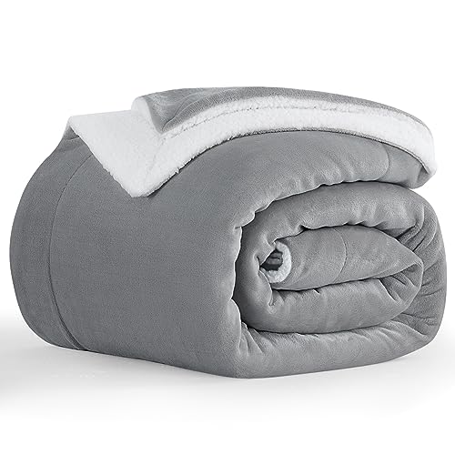 Aisbo Warm Throw Blanket Single - Extra Thick Sherpa Flannel Reversible Blanket Grey for Single Size Bed, Super Soft Plush Winter Blanket for Sofa and Couch, Fluffy Blanket 50x60 Inches