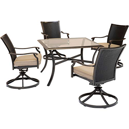 Hanover Traditions 5-Piece Outdoor Dining Set, All-Weather Patio Dining Set for 4 with Cushioned Wicker Back Cast Aluminum Swivel Rocker Chairs and 42" Glass-Top Table for Patio, Backyard, Deck, Porch